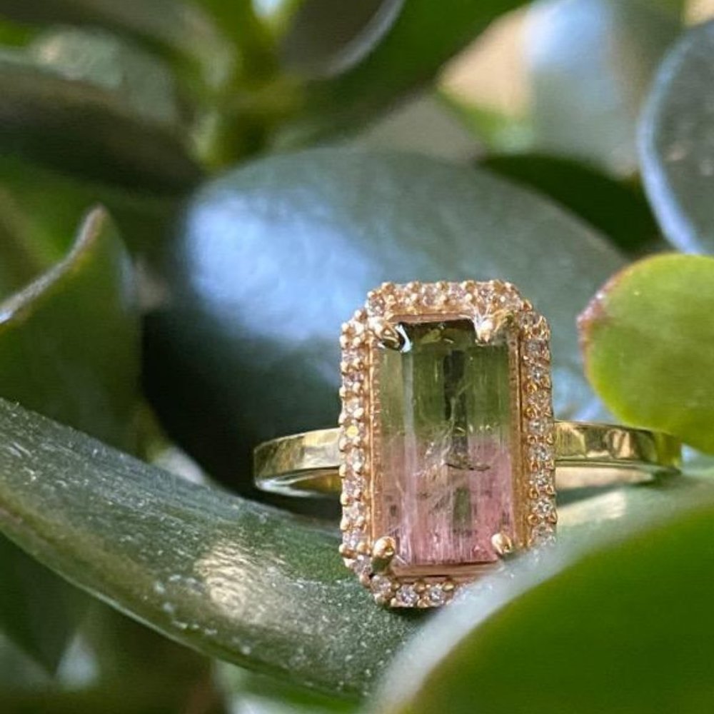 Genuine, Watermelon Tourmaline Engagement Ring, In 14 Kt Gold Size 7